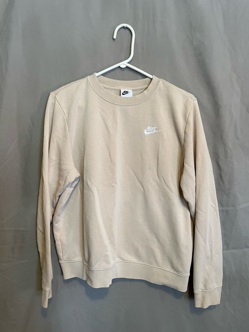 Nike Women's Crewneck Sweatshirt in Light Beige with White Logo swoosh tan casua